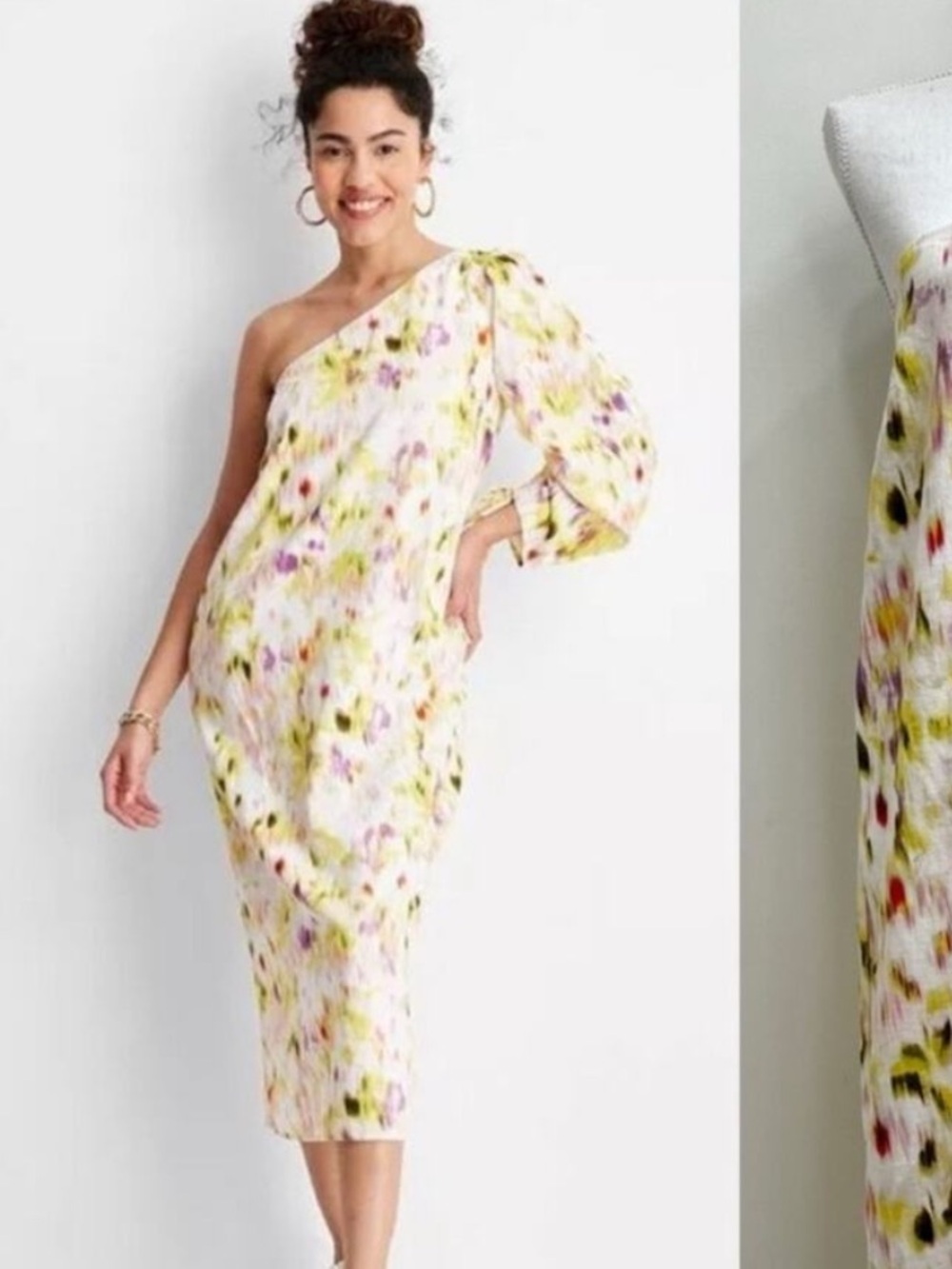 🌺🌼Unique S linen blend One-Shoulder Floral Watercolor Midi Dress - White/Yellow
